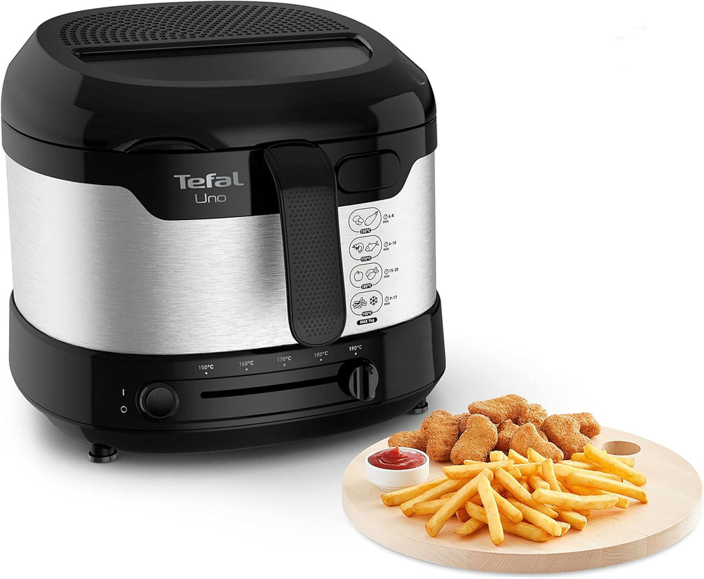 Tefal Uno M Fritteuse FF215D | 1470 Watt | Kapazität: 1 Kg | Einstellbares Thermostat | Sichtfenster | Abtropfposition | Edelstahl/Schwarz, Medium