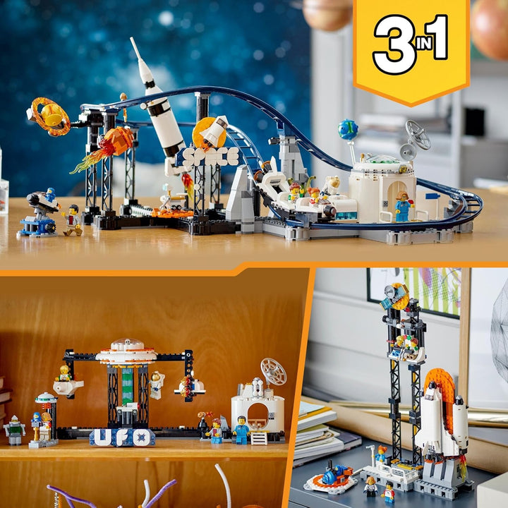 LEGO 31142 Creator 3-In-1 Rollercoaster spațial, kit de jucărie pentru bâlci cu cărucioare funcționale, convertibil în turn de cădere liberă sau carusel cu rachete și cărămizi strălucitoare
