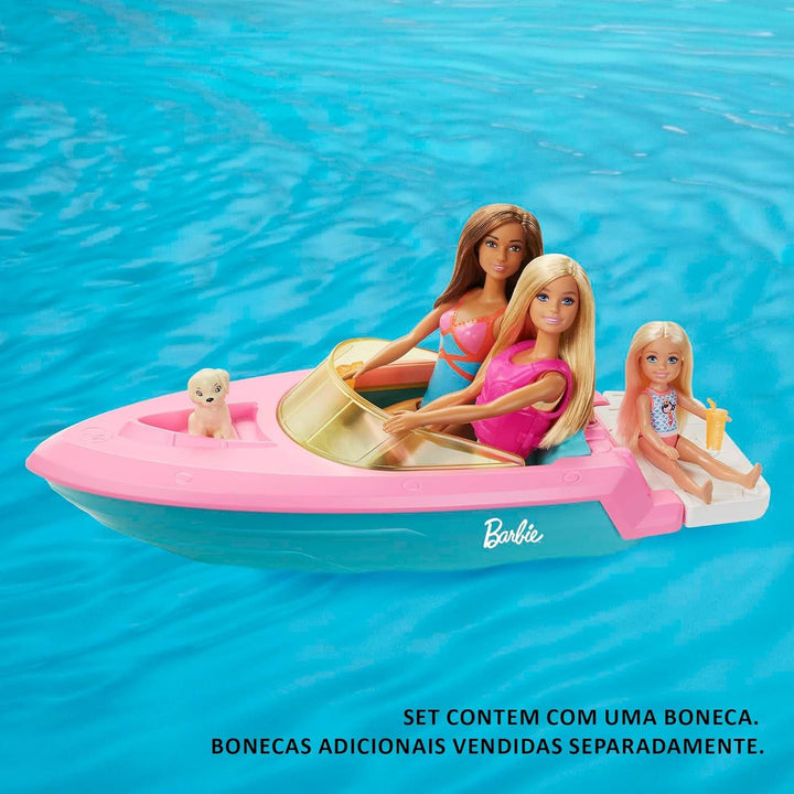 Barbie Speedboat Set, păpușă Barbie cu păr blond, vestă de salvare roz, barcă, cățel, accesorii, cadouri pentru copii cu vârsta peste 3 ani, Grg30