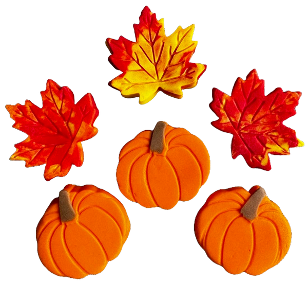 Lot de 6 décorations comestibles en pâte à sucre, Automne, citrouilles et feuilles