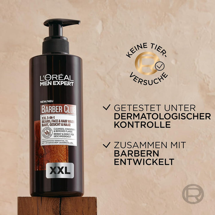 L'Oréal Men Expert XXL 3-In-1 Bartshampoo Für Männer, Bartseife Für Bart, Gesicht Und Haar, Herren Bartpflege Gegen Schuppen Mit Ätherischem Zedernholzöl, Barber Club, [Amazon Exclusive], 1 X 400 Ml