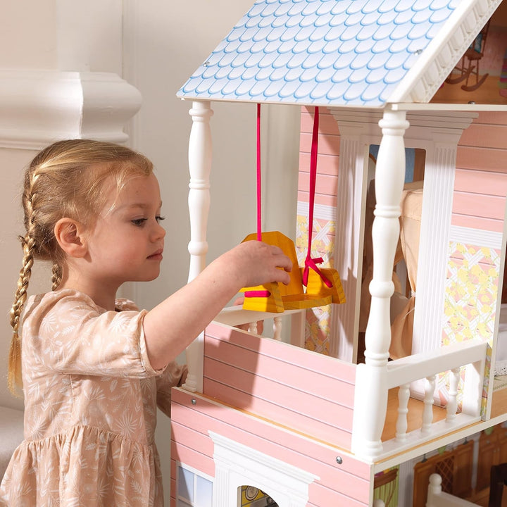 Casă de păpuși Kidkraft Savannah din lemn cu mobilier și accesorii, set de joacă cu scaun suspendat și pat cu baldachin pentru păpuși de 30 cm, jucărie pentru copii de la 3 ani, 65023