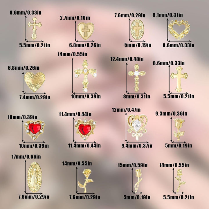 Talisane aurii pentru unghii, 80 de piese cu cruce, trandafir, inimă, pietre prețioase pentru unghii Fecioara Maria, accesorii pentru unghii din aliaj metalic pentru decorațiuni de design pentru manichiură, meșteșuguri DIY