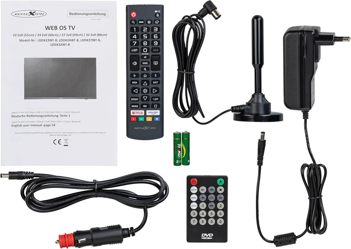 REFLEXION LDDX27IBT Smart LED Fernseher 27 Zoll / 69Cm, LG Weboshub, Wohnwagen/Wohnmobil/Camping/Caravan/Boot/Lkw TV, Slimline, 12/24/230 Volt, Full HD, Triple Tuner, Bluetooth, WLAN, Dvd-Player