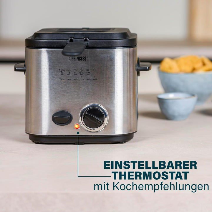 Princess 182611 Mini-Fritteuse Mit Fondue – Schnelle Erwärmung – Geruchsfilter – 1,2 Liter Inhalt, Silber