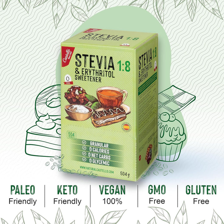 Stevia + Erythrit 1:8 Süßstoff | 504 Beutel Mit 1 G | 100% Natürlicher Zuckerersatz - 0 Kalorien - 0 Glykämischer Index - Keto Und Paleo - 0 Kohlenhydrate - Kein GVO - Castello since 1907 - 504 G