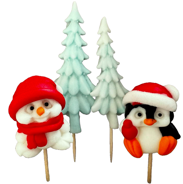 Lot de 4 décorations comestibles en pâte à sucre, Noël, pingouin, ours et sapin de Noël