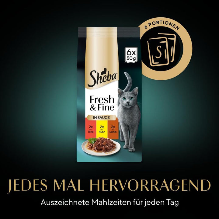 Sheba Portion Bag Wet Cat Food Multipack Fresh & Fine in Sauce with Beef and Chicken, 6X6X50G - Hrană premium pentru pisici în sos, ideală pentru pisica dumneavoastră