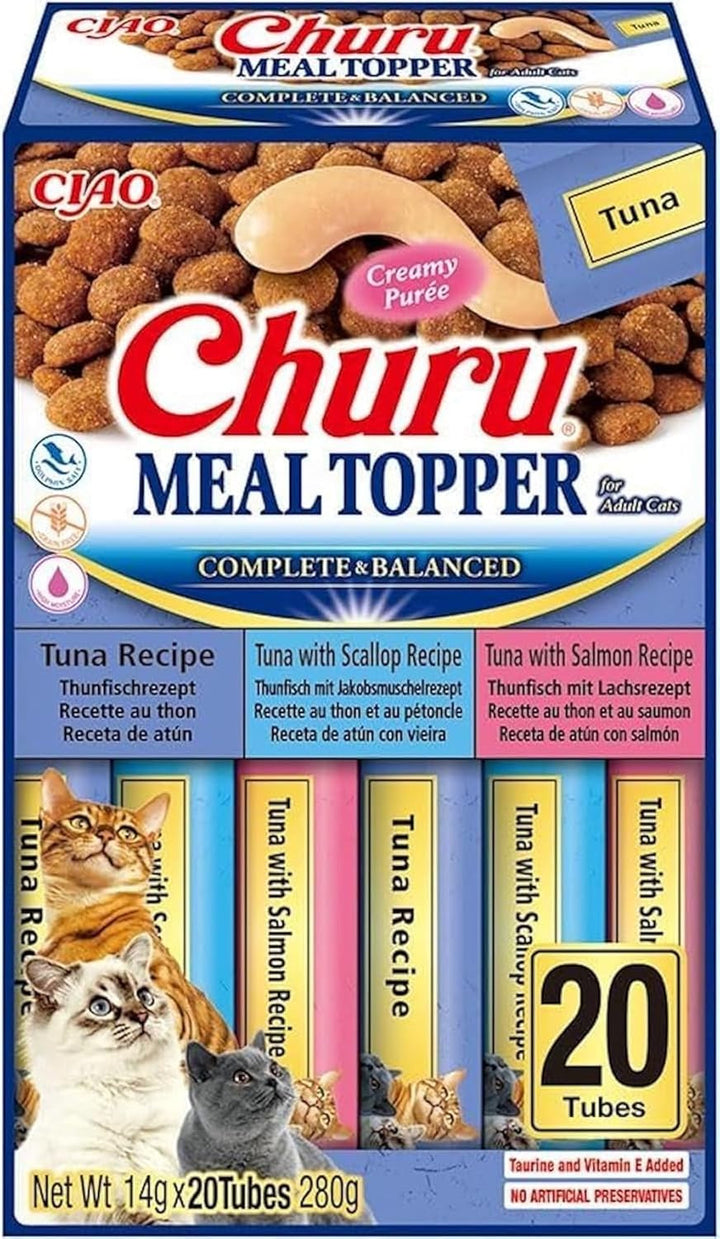 INABA Churu Hairball Control anti Hairball Tratamente premium pentru pisici cu taurină și fibre, pui și ton 20 X 14 G | Fără cereale, fără zahăr, fără subproduse, anti hairball cat
