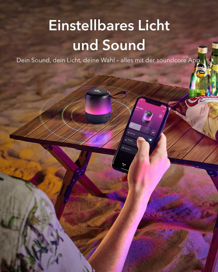 Soundcore Glow Mini Speaker, difuzor Bluetooth portabil, sunet 360°, spectacol de lumini, 12 ore de redare, EQ și lumină personalizabile, IP67 rezistent la apă și praf, pentru camping, acasă și petreceri pe plajă
