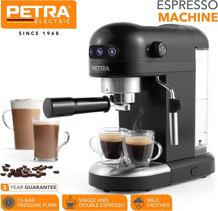 Petra PT5240 Espresso Machine With Milk Frother - 1.4 L, Bpa-Free, Single & Double Barista Style Espresso, Compact, Pompă de presiune italiană de 15 Bar, Compatibil cu cafea măcinată, 1465W