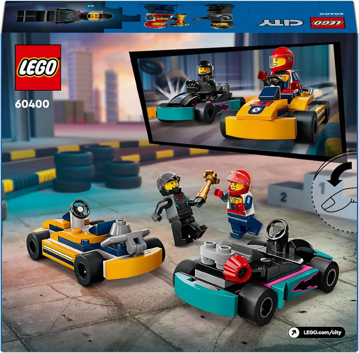 LEGO City Go-Karts cu piloți, set cu 2 minifigurine de piloți și mașini de curse, jucărie pentru mașini de la 5 ani pentru băieți și fete, cadou distractiv pentru copii 60400