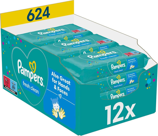 Pampers Fresh Clean Feuchttücher 1 Packungen Mit 52 Stück - 624 Feuchttücher, Milder Duft, Auch Für Hände Und Gesicht Geeignet