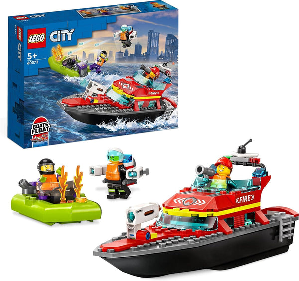 LEGO 60373 City Fire Boat, jucărie care plutește în apă, cu barcă de curse, 3 minifigurine și Jetpack, idee de cadou pentru băieți și fete de la 5 ani în sus