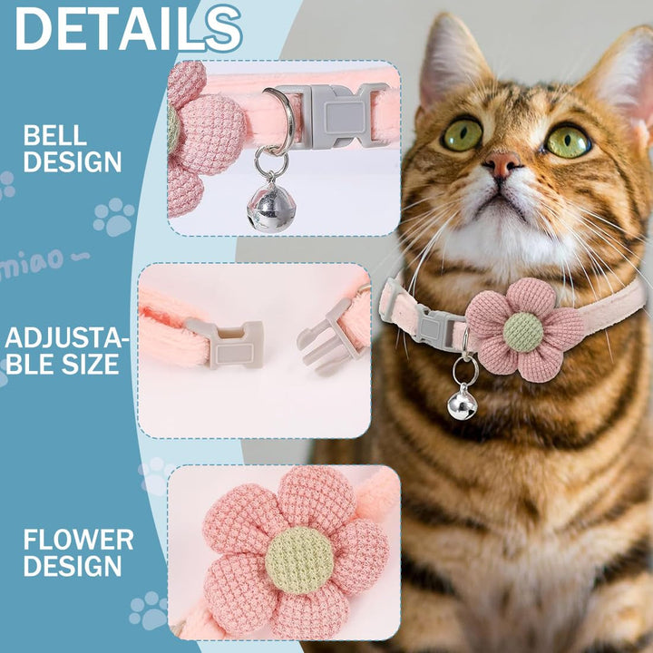 Pachet de 4 zgărzi pentru pisici cu clopoței, 2 etichete de identificare pentru animale de companie, zgărzi reglabile cu papion floral, accesorii drăguțe pentru zgardă (cu flori)