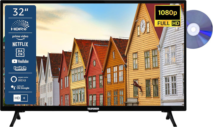 TELEFUNKEN XH24SN550MVD 24 Zoll Fernseher/Smart TV (HD Ready, HDR, Triple-Tuner, 12 Volt, Dvd-Player) - 6 Monate HD+ Inklusive [2023], Schwarz