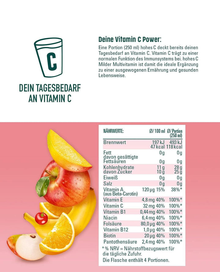 High C Mild Multivitamin (1 X 1.5L), 100% suc, mere, portocale, acerola, mango, 7 vitamine, Fără zahăr adăugat conform legii, Mai puțin acid, Vegan