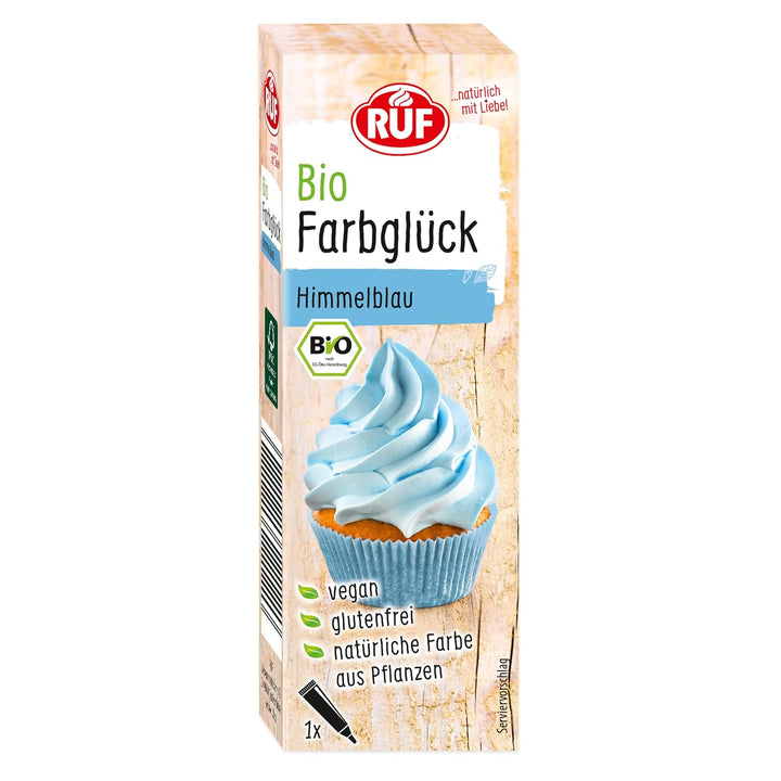 RUF Bio Lebensmittelfarbe Himmel-Blau, Mit Agavendicksaft Zum Einfärben Von Zucker-Glasuren & Für Ausgefallene Torten, Glutenfrei & Vegan, 1 X 25G