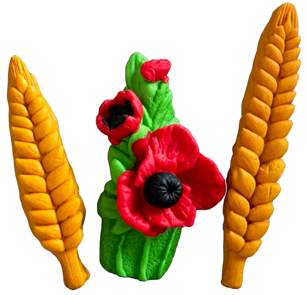 Lot de 3 décors comestibles en pâte à sucre, Vara, blé et coquelicots