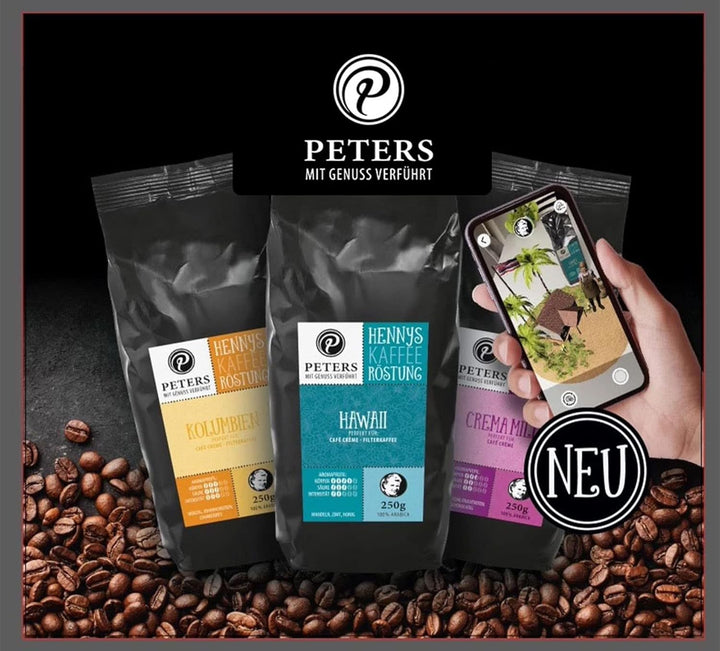 Peters Mit Genuss Verführt | Henny'S Röstung Crema Mild | Sprechender Kaffee AR | Augmented Reality App | Ganze Bohnen | Kaffeebohnen | Ideal Für Vollautomaten | Arabica | Mit Koffein | 250G