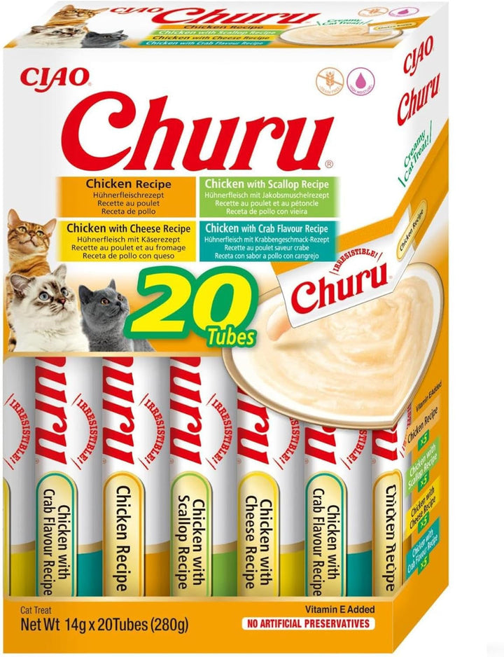 INABA Churu Hairball Control anti Hairball Tratamente premium pentru pisici cu taurină și fibre, pui și ton 20 X 14 G | Fără cereale, fără zahăr, fără subproduse, anti hairball cat
