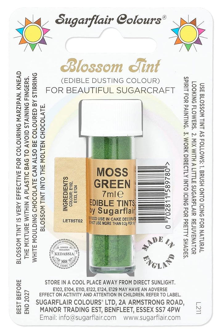 Sugarflair Blossom Tint Dusting Lebensmittelfarbe Pulver Moss Green - Lebensmittel Farbe Pulver Zur Dekorationen Farbzuckerpaste, Fondant, Zuckerguss, Schokolade, Buttercreme, Macarons - 7Ml