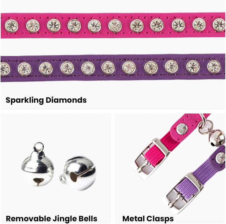 Zgardă pentru pisici Petinstinct, cu 2 piese, în formă de diamant, cu închidere elastică de siguranță și clopoțel, zgardă din piele PU pentru pisici, accesorii pentru pisici, dimensiune reglabilă de la 19 la 29 cm, violet și fuchsia
