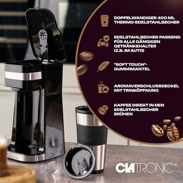Cafetieră Clatronic | Cafea pentru pachet cană 400 ml | Pentru toate suporturile obișnuite pentru băuturi (de ex. mașină) | Cafetieră cu filtru | Filtru permanent din nailon | Cană din oțel inoxidabil cu capac aromatizat | KA 3733