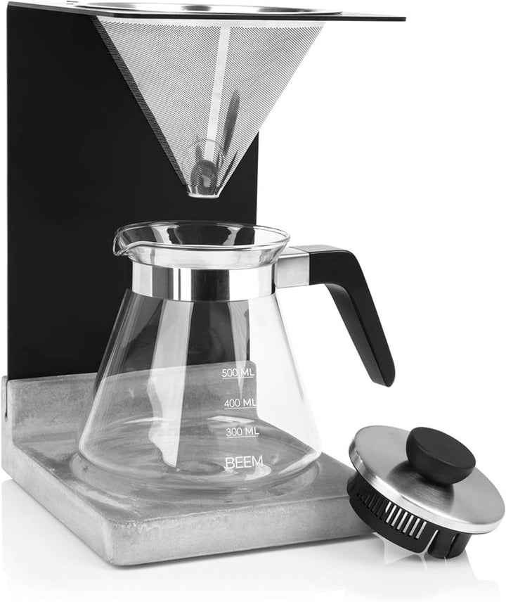 Set cafetieră BEEM Pour Over - 4 cești | Filtru permanent din oțel inoxidabil (mărimea 2), carafă din sticlă de 0,5 l, bază din beton | Preparare manuală a cafelei pentru o aromă deosebit de delicată de cafea