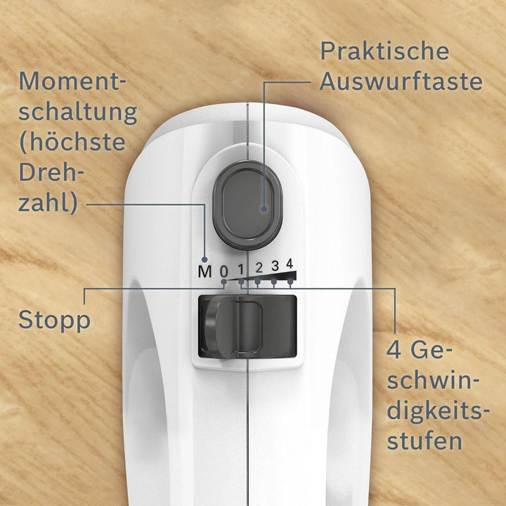 Bosch Hausgeräte Handrührer Clevermixx MFQ24200, 2 Rührbesen, 2 Spülmaschinengeeignet, 4 Stufen, Leicht, Leise, 400 W Weiß/Edelstahl