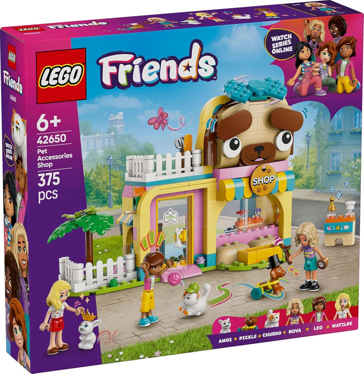 Magazin de accesorii pentru animale LEGO Friends, set de joacă pentru jocuri de rol, jucărie educativă pentru fete de la 6 ani, 3 minifigurine și 3 figuri de animale, pisică, câine și iepuraș, idee de cadou pentru copii 42650