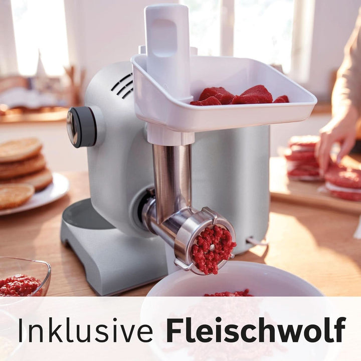 Bosch Küchenmaschine Serie 4 MUM56340, Schüssel 3,9 L, Mixer 1,25 L, Fleischwolf, Zitruspresse, Planetenrührwerk, Knethaken, Schlag-, Rührbesen, Durchlaufschnitzler, 3 Scheiben, 900 W, Silber/Grau