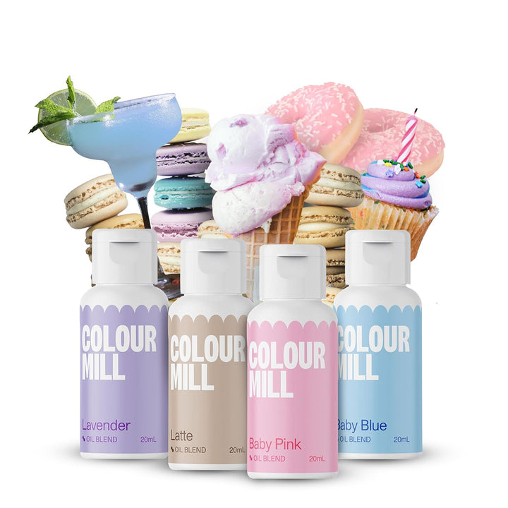 Colour Mill Lebensmittelfarbe Pastell Set – 4 X 20Ml Ölbasiert (Baby Blue, Baby Pink, Latte, Lavender) – Uv-Beständig – Perfekt Für Backen & Als Backzubehör Für Torten, Muffins & Tortendeko