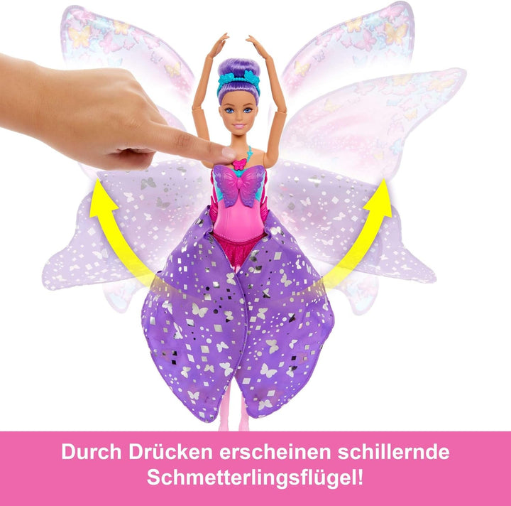 Păpușa Barbie Dance And Flutter cu transformare 2 în 1 de la dansatoare la fluture cu aripi care se deschid, păr violet, bijuterii de păr și tutu detașabil, HXJ10