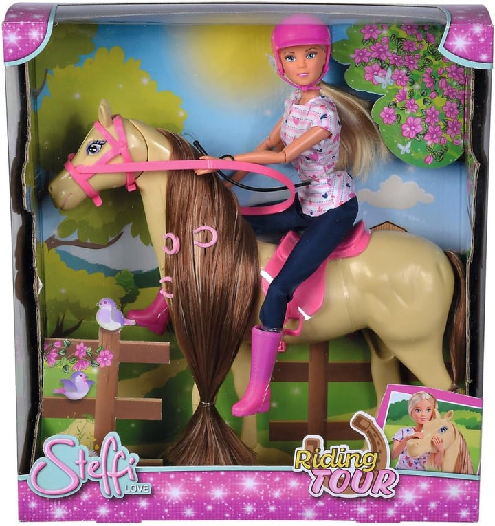 Simba 105730939 - Steffi Love Riding Tour, În costum de călărie, Cu 2 cai, Păpușă complet articulată, Păpușă dress-up, 29cm, Pentru copii de la 3 ani în sus
