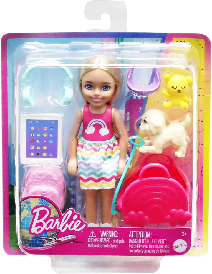 Jucărie Barbie, păpușă Chelsea și accesorii, set de călătorie cu câine și 6 piese, inclusiv suport pentru câine, HJY17