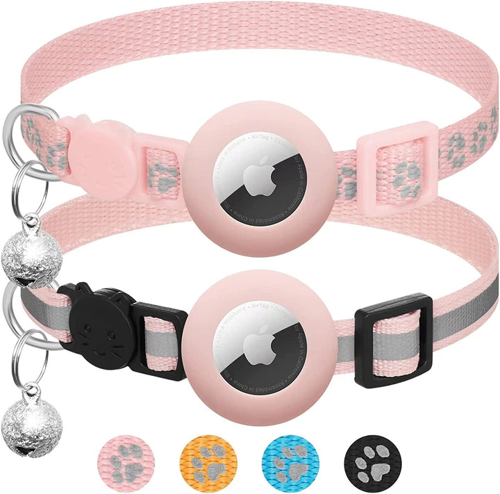 Pachet de 2 compatibil cu zgarda Airtag pentru pisici cu clopoțel, tracker GPS reflectorizant pentru pisici compatibil cu husa Apple Airtag, personalizat compatibil cu zgarda Airtag pentru pisici cu încuietoare de siguranță