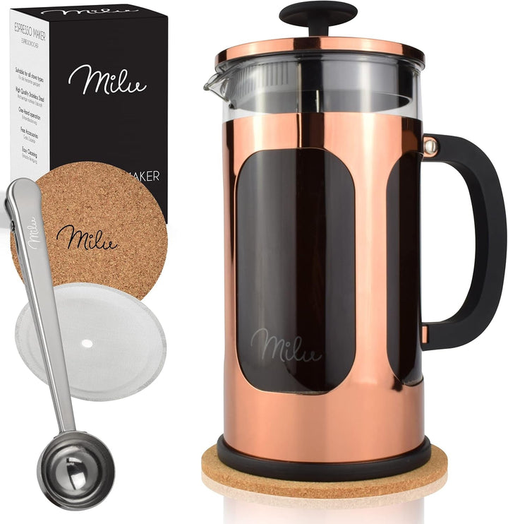 Milu French Press Coffee Maker | 350Ml, 600Ml, 1L | Presă de cafea din sticlă, filtru de cafea pentru acasă Călătorii Camping Incl. Coaster, lingură, filtru de rezervă (negru, 600Ml (3 cani)