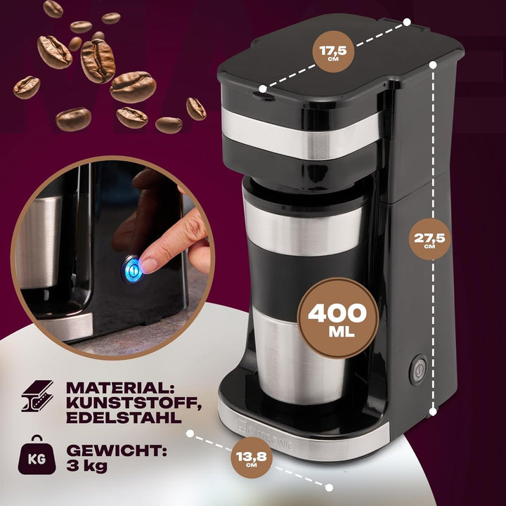 Cafetieră Clatronic | Cafea pentru pachet cană 400 ml | Pentru toate suporturile obișnuite pentru băuturi (de ex. mașină) | Cafetieră cu filtru | Filtru permanent din nailon | Cană din oțel inoxidabil cu capac aromatizat | KA 3733