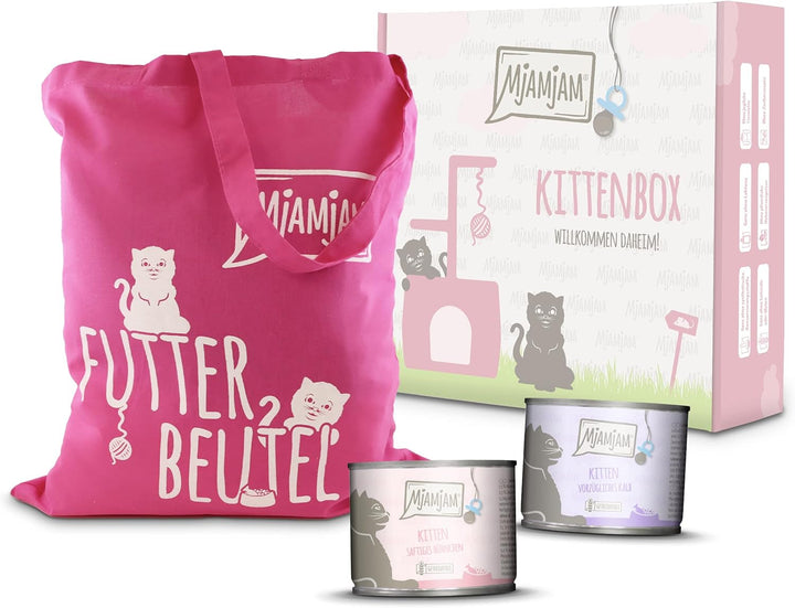 Mjamjam - Hrană umedă premium pentru pisici - Kittenbox - 3X pui cu ulei de somon & 3X vițel cu ulei de somon, pungă de hrană, pix, capac de conservă, 6Pack (6 X 200 G)