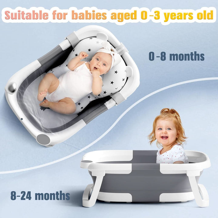 Rabb 1St Baby Badewanne Faltbare, Unverzichtbares Babybadezubehör, Tragbare Wanne Für Neugeborene Bis Kleinkinder Mit Rutschfester Matte Und Abflussloch. (Kein Thermometer) (Grau + Baby-Badematte)