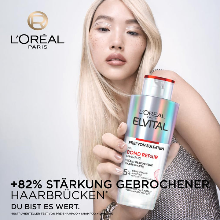 L'Oréal Paris Elvital Bond Repair Shampoo, Sanfte Reinigung Zur Haarreparatur, Gegen Haarschäden, Für Weniger Haarbruch Und Mehr Glanz, Sulfatfrei, Mit Bond-Repair-Komplex Und Zitronensäure, 200Ml