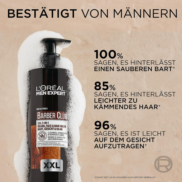 L'Oréal Men Expert XXL 3-In-1 Bartshampoo Für Männer, Bartseife Für Bart, Gesicht Und Haar, Herren Bartpflege Gegen Schuppen Mit Ätherischem Zedernholzöl, Barber Club, [Amazon Exclusive], 1 X 400 Ml