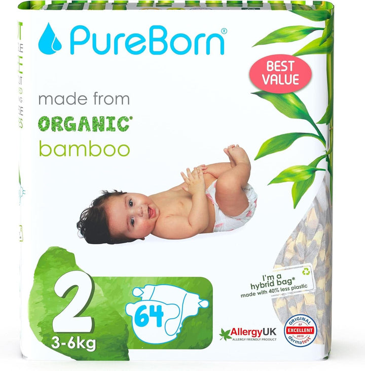 Pureborn Eco Bio-Bambus Windeln, Größe 2 (3-6 Kg), 64 Stück, Umweltfreundlich, Hypoallergen, Ultraweich, Mit Nässeindikator, Diverser Aufdruck