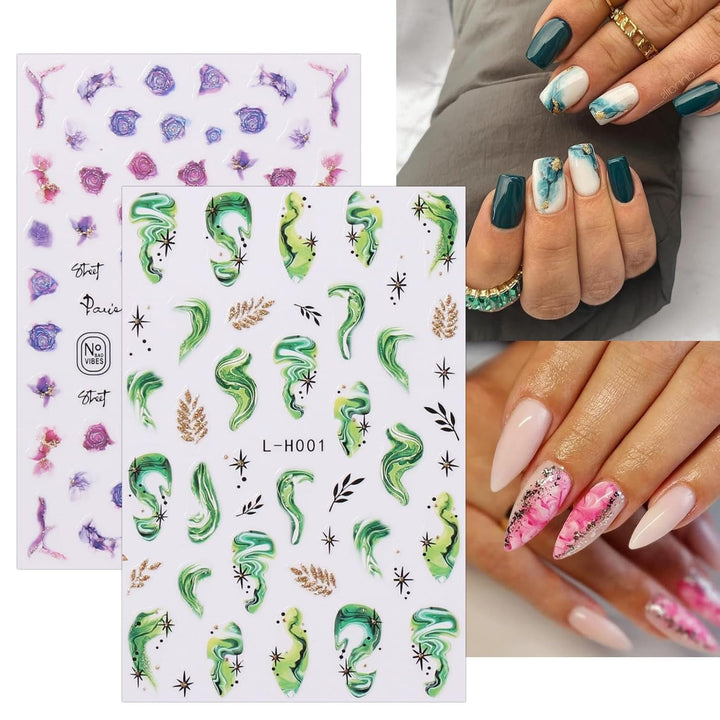 Jmeowio JMEOWIO Nagelsticker Marmor Französische Spitze 10 Blatt Nail Art Sticker Selbstklebend Nagelaufkleber Bunt Dekoration Nageldesign Zubehör
