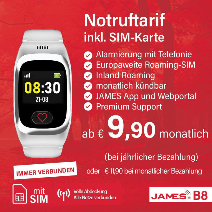 B8 (alb) Ceas pentru apeluri de urgență și siguranță pentru vârstnici, detectare cădere, buton apel de urgență și localizare GPS, funcții de sănătate, de ex. puls, aplicație de familie + cartelă SIM inclusă în tariful lunar, alarmă