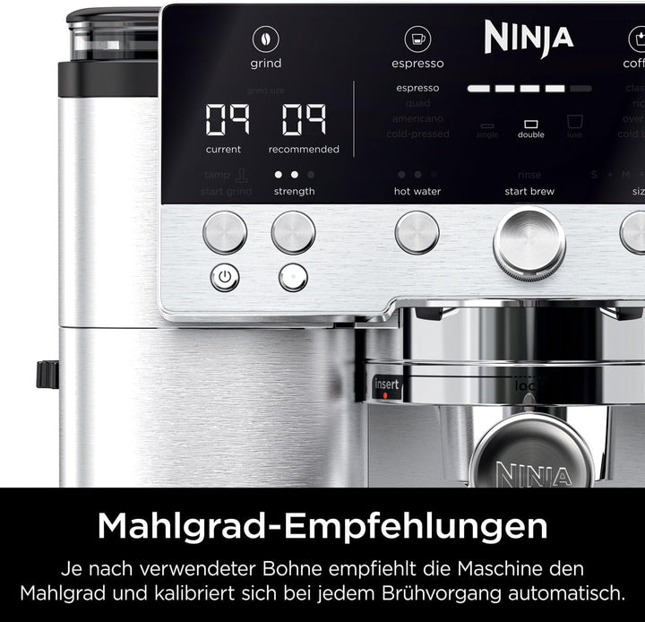 Cafetieră Ninja Luxe Premier 3 în 1 cu râșniță și spumator pentru latte, cappuccino, Cold Brew și espresso, ușor de utilizat, 4 presetări de spumare, argintiu, ES601EU