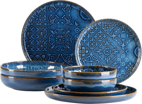 MÄSER 934063 Serie Tiles Modernes Vintage Geschirr Set Für 2 Personen in Maurischem Design, 8-Teiliges Tafelservice Mit Tellern Und Schalen Aus Hochwertiger Keramik, Steinzeug, Blau