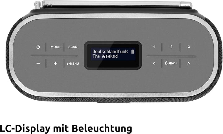 Technisat VIOLA BT 1 - Difuzor Bluetooth portabil cu radio digital DAB+ (FM, DAB, ceas, alarmă cu temporizator, memorie favorite, LCD, funcție mâini libere, aux-in, baterie reîncărcabilă, cablu de încărcare USB-C, 6W) negru/gri