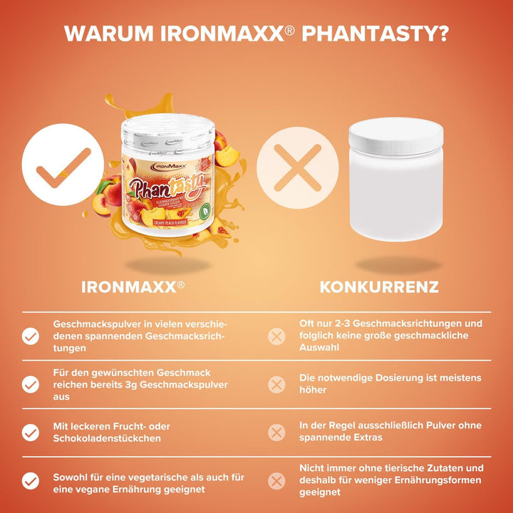 Ironmaxx Phantasty - Creamy Peach 250G Dose | Veganes Geschmackspulver Mit Echten Frucht- Oder Nussstückchen | Perfekter Zuckerersatz